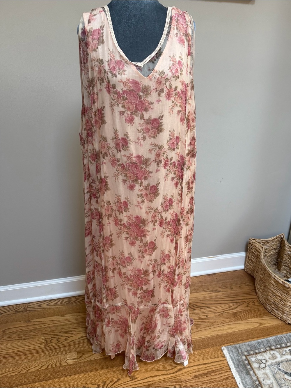 Vintage April Too! April Cornell ruffled floral flowy maxi sleeveless slip dress